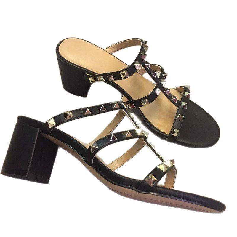 Rivet thick heel with slippers women's summer 2025 new versatile rivet high heel open toe sexy sandals women