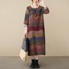 Artistic Temperament Cotton Linen Round Neck Long Sleeve Casual Dress for Women