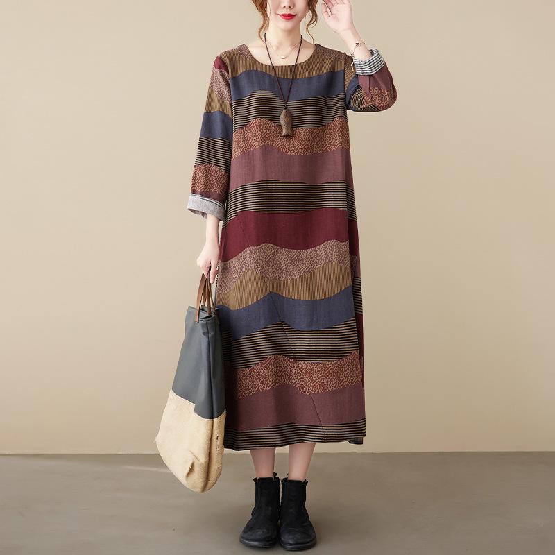 Artistic Temperament Cotton Linen Round Neck Long Sleeve Casual Dress for Women