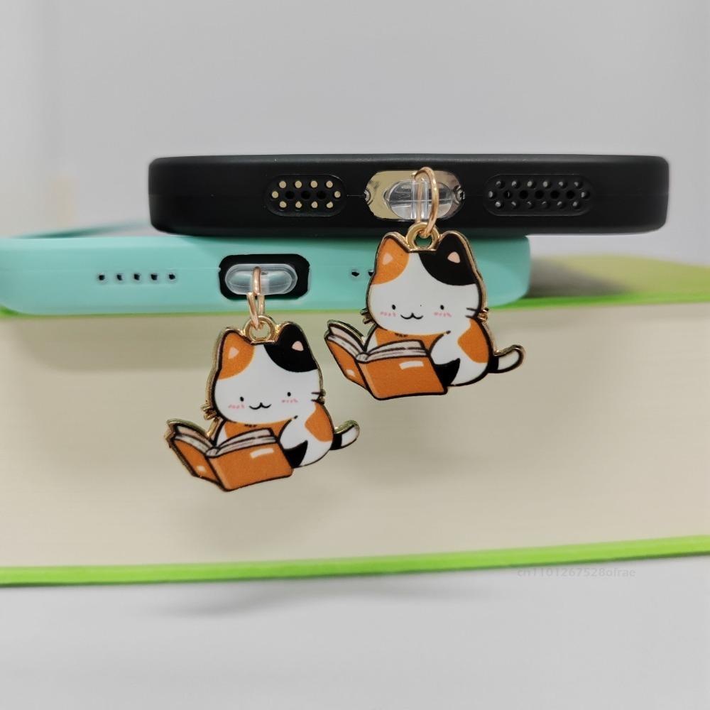 Kawaii Dust Plug Reading Cat Charge Port Plug For IPhone Type C Anti Dust Cap Decoration Hanging Phone Pendant Ladies Gift