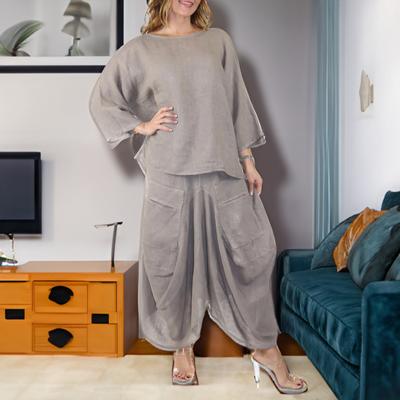 Damen Baumwolle Leinen 2-teiliges Set 3/4-Ärmel Rundhalsbluse Unregelmäßiges Midi-Rock-Set Sommer Freizeit Loungewear Outfit