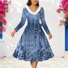 Women S Plus Size V Neck Furry Trim Long Sleeve Blue Print A Line Midi Dress