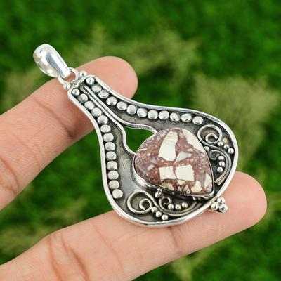 Pear Red Brecciated Mookaite Stone Bezel Handcrafted Pendant Jewelry 925 Silver