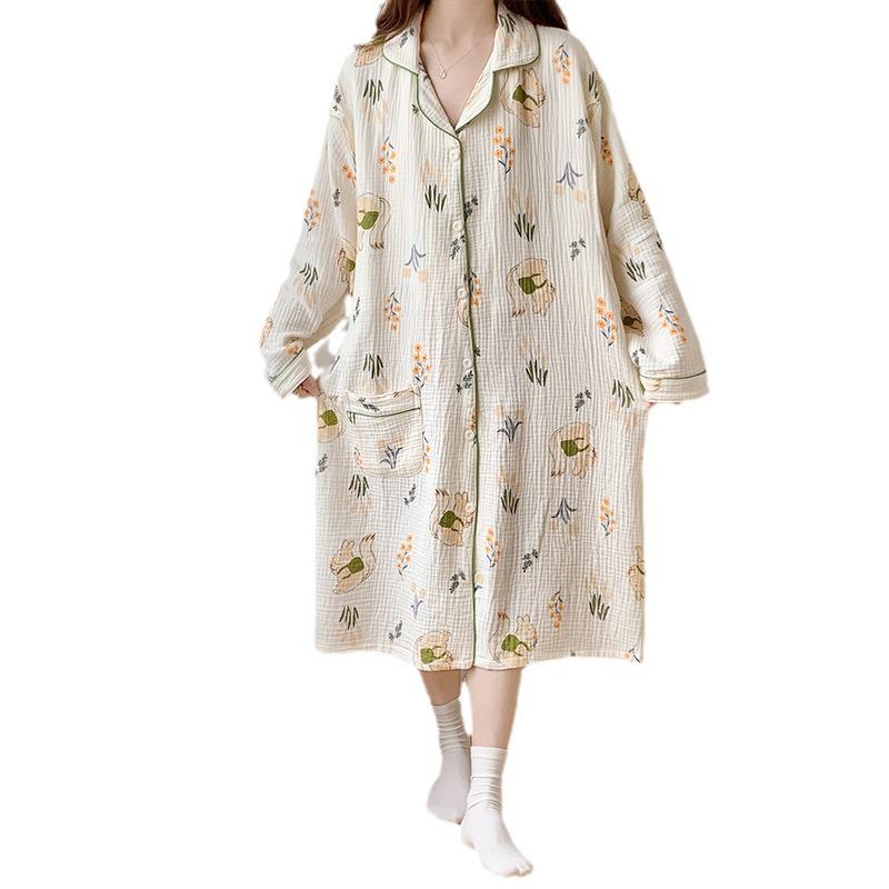 Pure Cotton Gauze Maternity Dress - Summer Nursing Nightgown for Hospital & Home, Plus Size, Women's Spring/Autumn Pregnancy Pajamas.