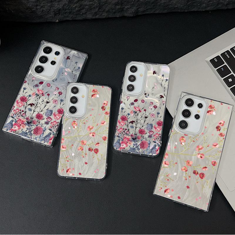 Red Floral Pattern Feather Sparkling Hard PC Slim Phone Case For Samsung S25 Ultra S24 FE S23 A36 A56 A16 A55 Glitter Shockproof TPU Soft Edge Cover