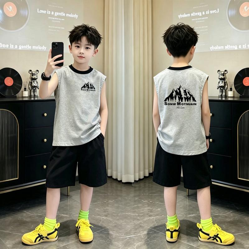 Boys' Korean Style Cotton Color Block Sleeveless Vest Set - Summer 2026 New Arrivals, Medium & Large, Round Neck Trendy Top