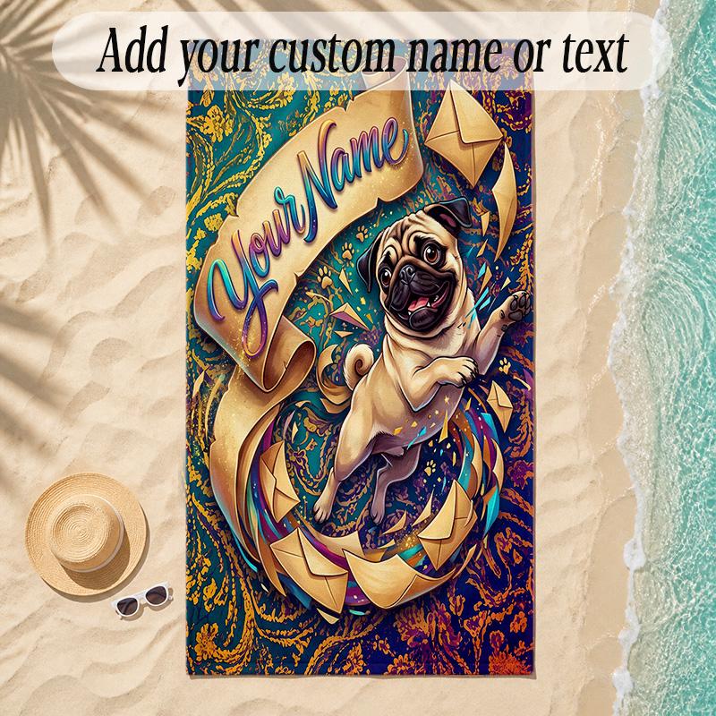 Pug Theme Soft Beach Towel Personalized Custom Name Text Towel Portable for Beach Pool Travel
