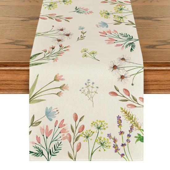 Jarní květinový běhoun s kvetoucími květinami, stolní prádlo, tulipán, pratelný ubrus pro domácí, farmářské, večeře, dekorace