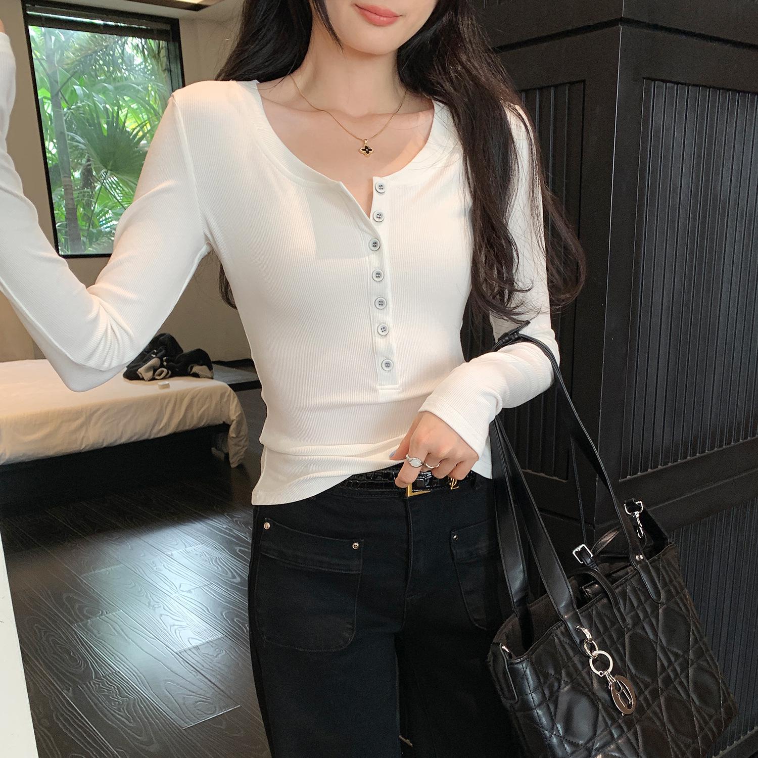 

Women s Autumn/Winter Slim-Fit Semi-Open Collar Long-Sleeve Base Shirt Large білий