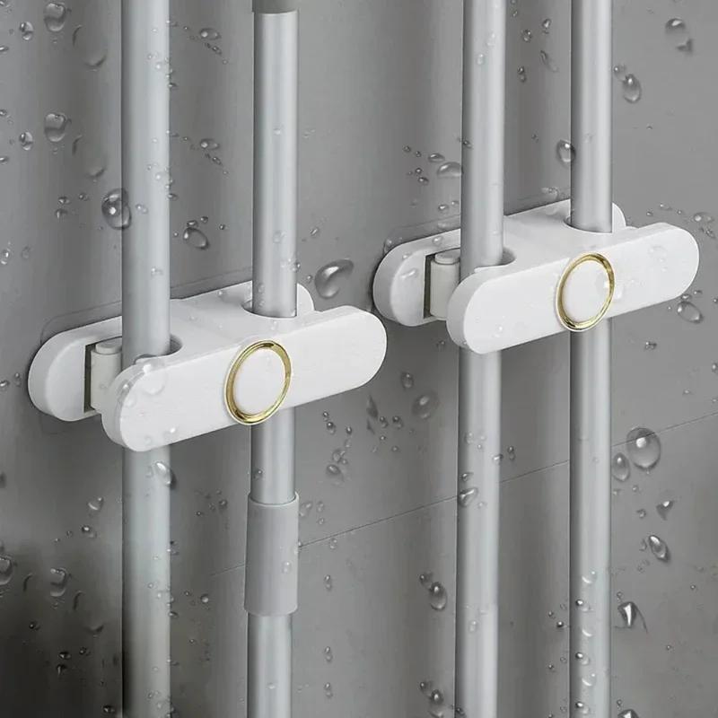Multi-functional Self-Adhesive Mop Holder Wall Mounted Storage Rack with Dual-Side Broom Organizer for Home and Kitchen