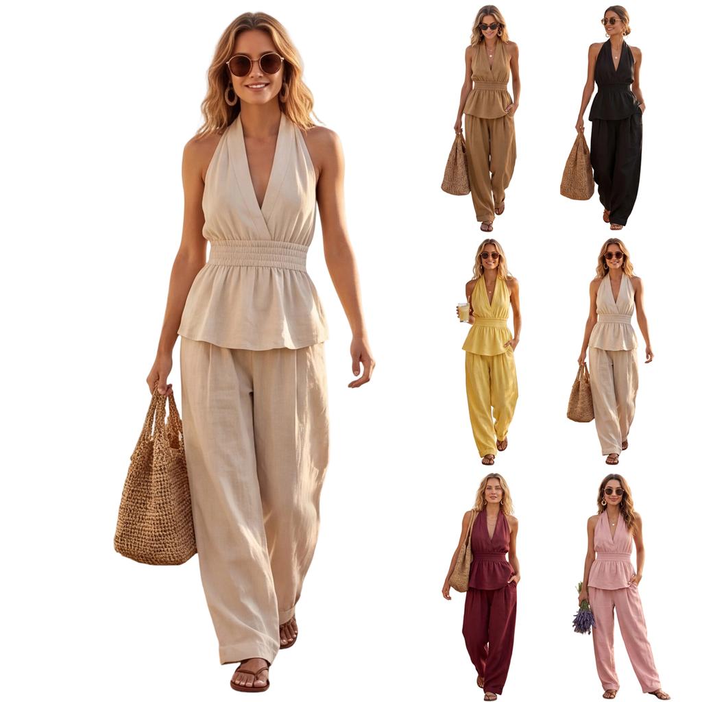 Women's Fashion Sleeveless Tank Top, High Waist, Loose Casual, Wide Leg Pants, Two Piece Set
