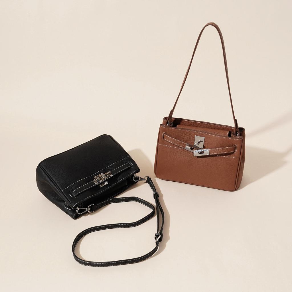 Top-layer Cowhide High-end Fashion Sheepskin Bag Retro Lock Decoration Underarm Real Leather Single Shoulder Bag Handheld Tote Bag