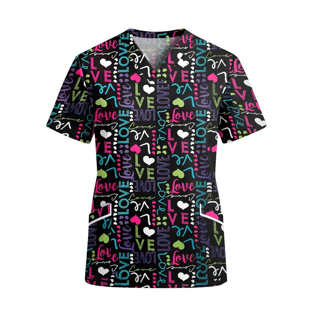 Women’s V Neck Short Sleeve Printed Work Top with Pockets Cute Animal and Heart Pattern Comfortable Fit Scrub Shirt
