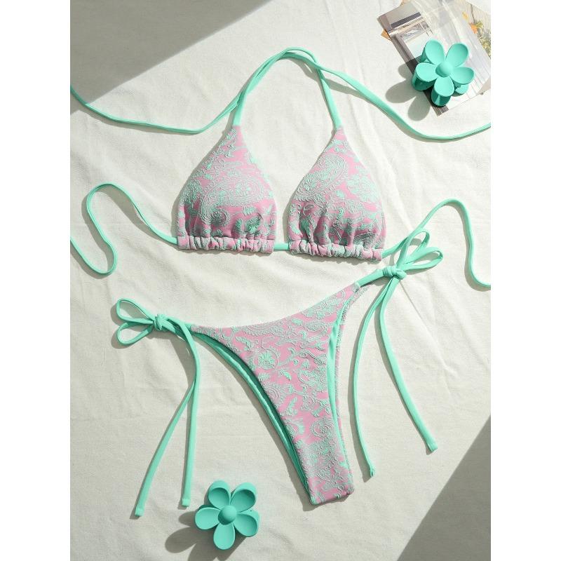 Women's Bikini Split Printed Push Up Bra Tie Side Thong Swimwear Fashion Mesh Patchwork Triangle Lace-up Thong Bathing Suits