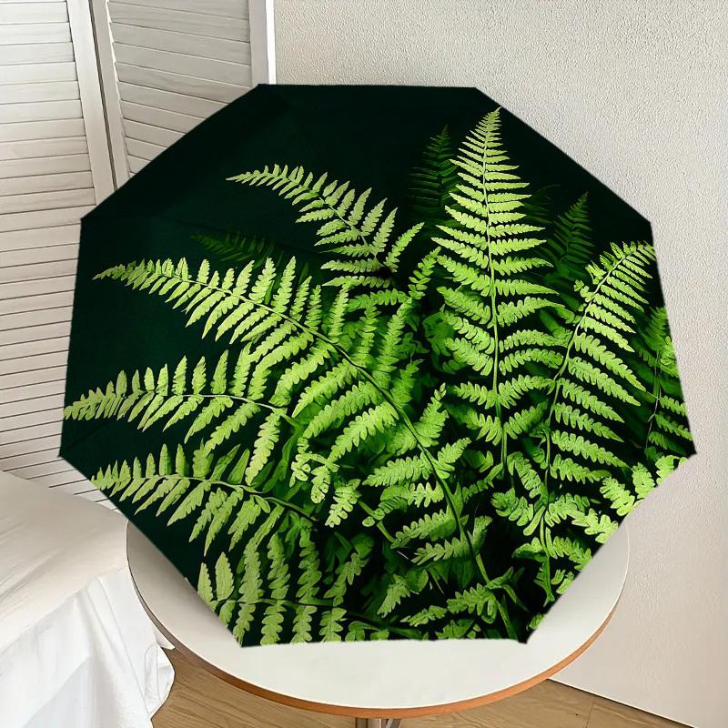 1pc Fern Leaf Automatic Folding Umbrella, Heavy Duty 8 Rib Iron Frame,  Suitable for Travel, Daily Use, Birthday, Decor Gift M0104093