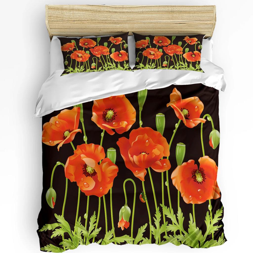 Rote Mohnblume Pflanze Natur 3-teiliges Bettwäscheset für Schlafzimmer Doppelbett Heimtextilien Bettbezug Steppdeckenbezug Kissenbezug