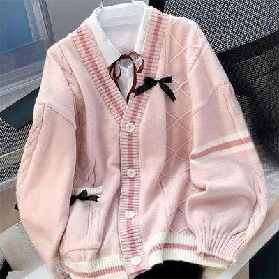 Ležérní Sladký Svetr s Mašlí Dámský Podzim Zima Japonský Klasický Preppy Styl Pletené Kabáty Y2K Vintage Kontrastní Barva S V-Výstřihem Topy