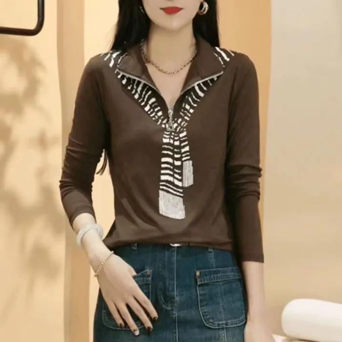 Women's Spring/Fall Elegant Collared Zipper Base Layer Top Loose-Fit Slimming Long-Sleeve T-Shirt