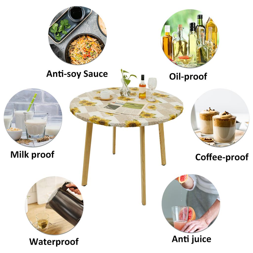 Waterproof Round Tablecloth PVC Table Decoration and Accessories Flannel Backed Elastic Edged Round Table Cover for Home Kitchen
