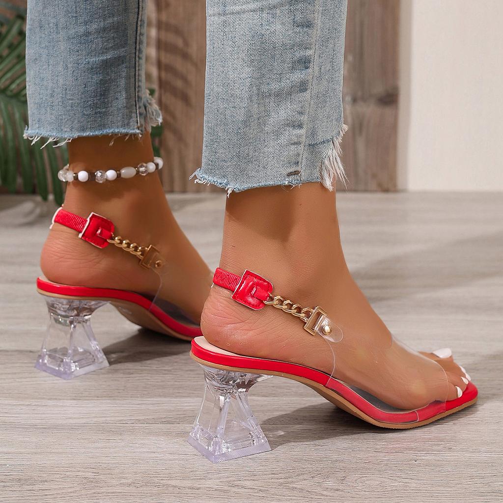 Fashion large size transparent sandals women's summer wear new crystal thick heel open toe sandals chain buckle with one word