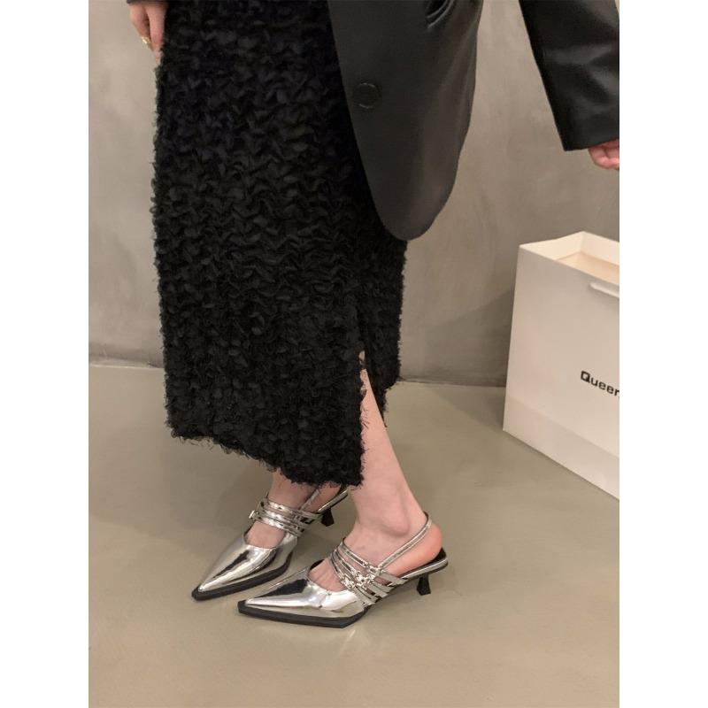 Fashion NEW Summer Pointed Belt Buckle Thin Heel Belt Buckle Single Shoes Women's Baotou Silver Back Empty High-heeled Sandals