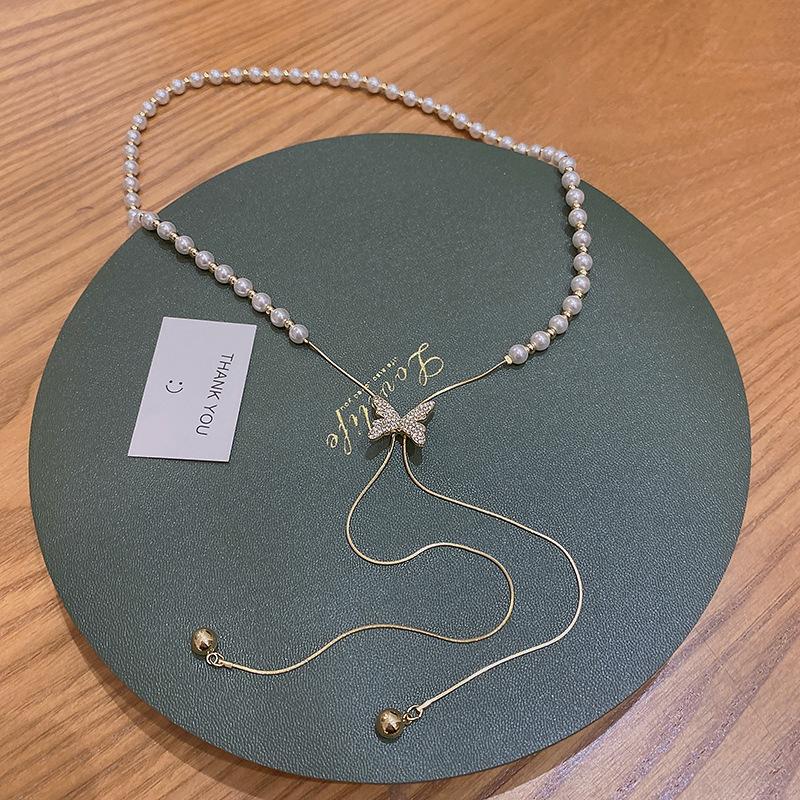 Douyin Popular Pull-out Pearl Necklace Female Niche Design Butterfly Pendant Collarbone Chain