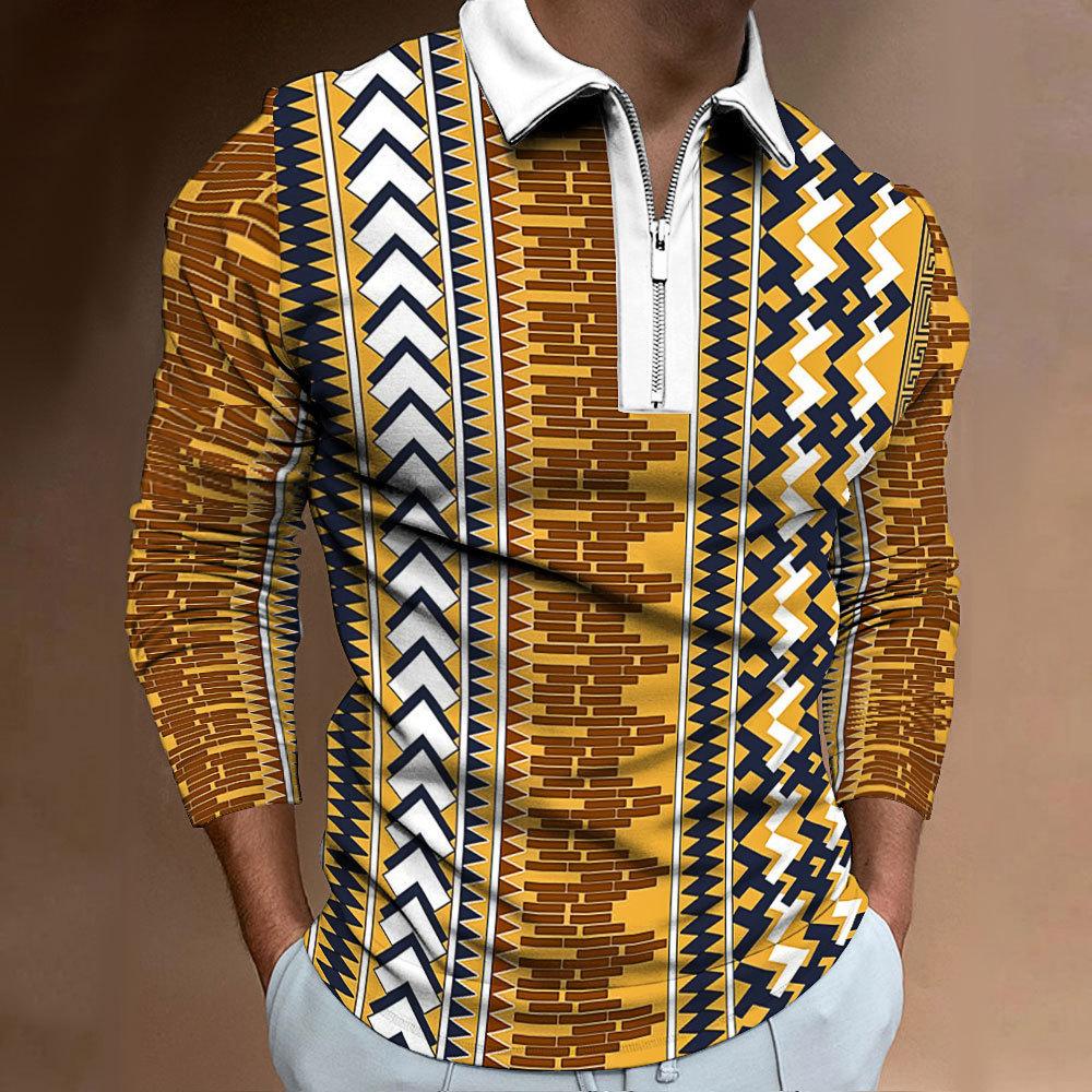 Men's Polo Shirt Digital Printing Men's Sweatshirt T-shirt Men's Autumn and Winter New Ethnic Style T-shirt Tops Men's Lapel Shirt