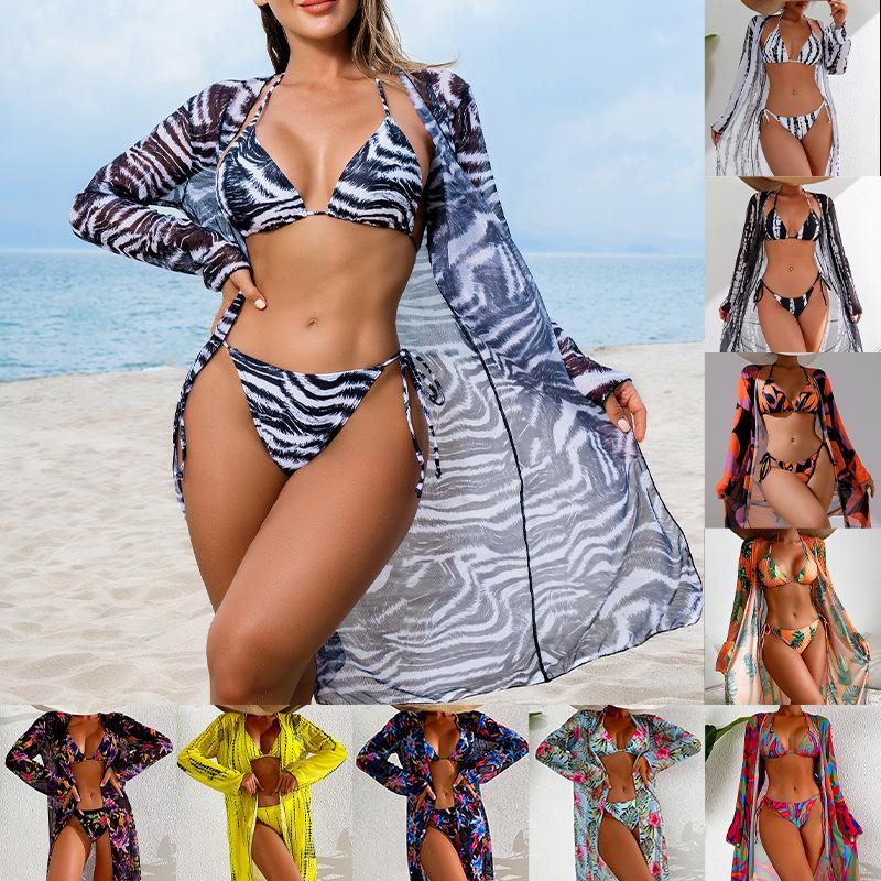 Sexy bikini three-piece gauze skirt swimsuit bikini mesh print swimsuit vacation seaside woman