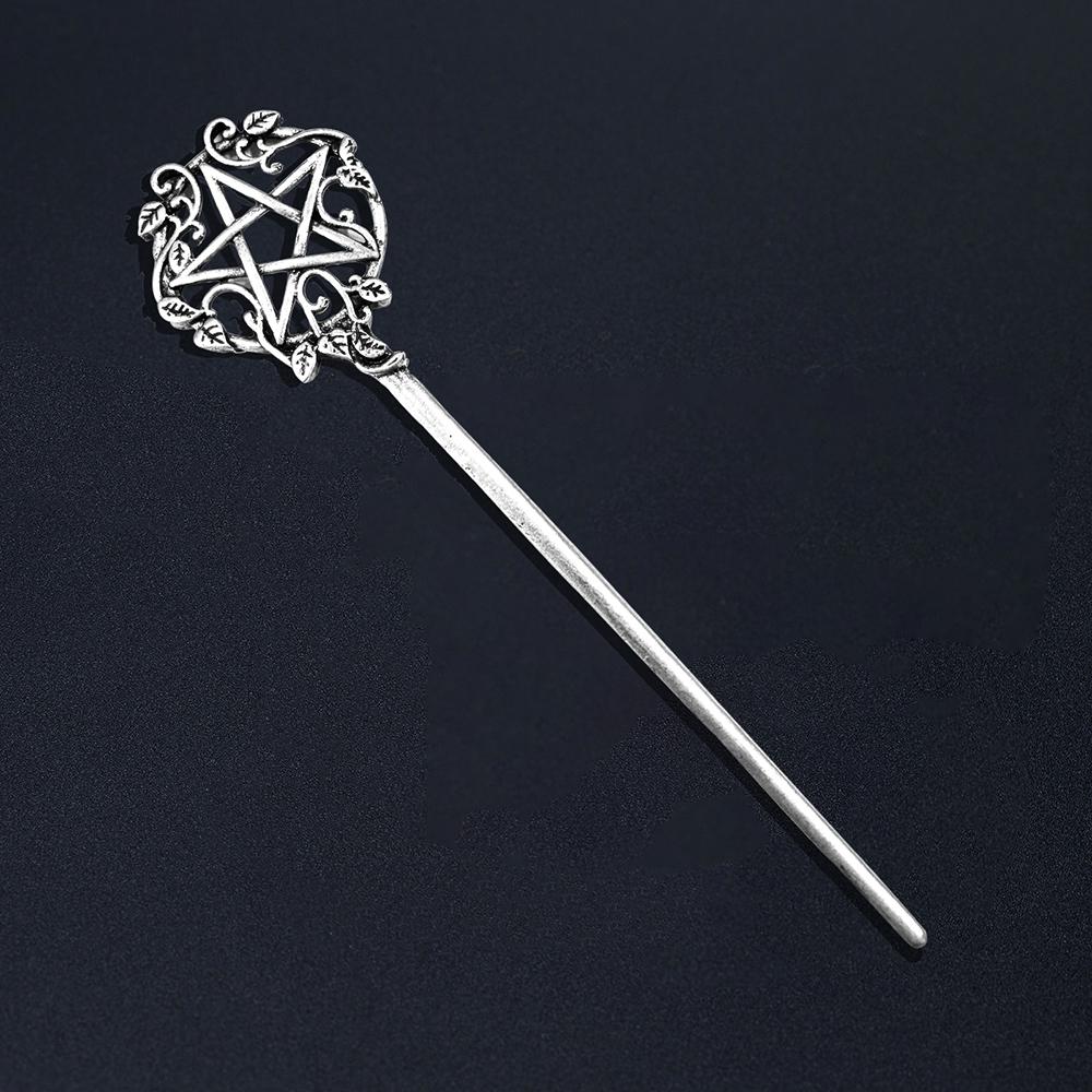 Retro Gothic Wicca Pentacle Hair Stick for Women Charm Witch Pentagram Hairpins Antique Silver Color Metal Headwear Jewelry Gift