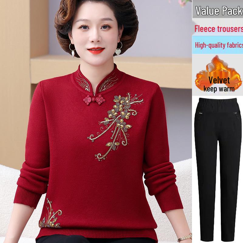 Mom's Chinese Embroidered Top: Fashionable Plus Velvet Sweater for Middle-Aged & Elderly Women, Autumn/Winter Base Layer