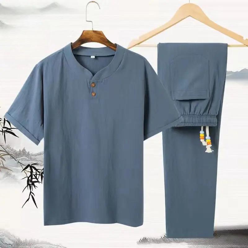 Summer Men Shirt Cotton and Linen Shirts Elastic Waist Short Sleeve Casual Men s Shirts Men Linen Pants XS синий