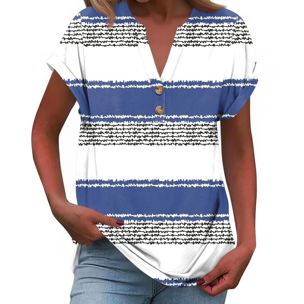 Modisches Lässiges Locker Geschnittenes Kurzärmeliges Knöpfbares V-Ausschnitt Bedrucktes T-Shirt Top für Damen