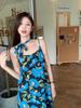 Seaside Resort French Blue Floral Spaghetti Strap Sleeveless Dress for Women, Summer 2026