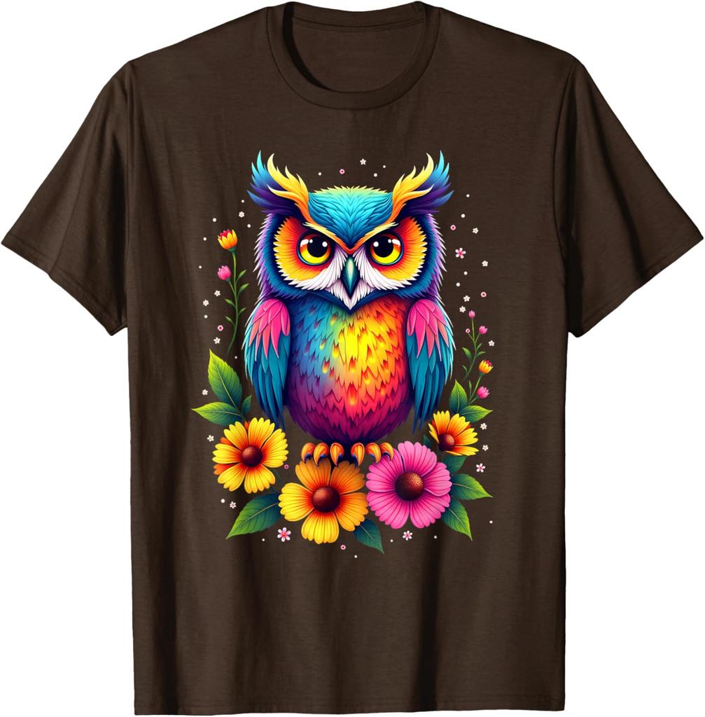 Colorful Rainbow Owl Graphic Tee Men's Cotton Casual Round Neck T-Shirt Trip