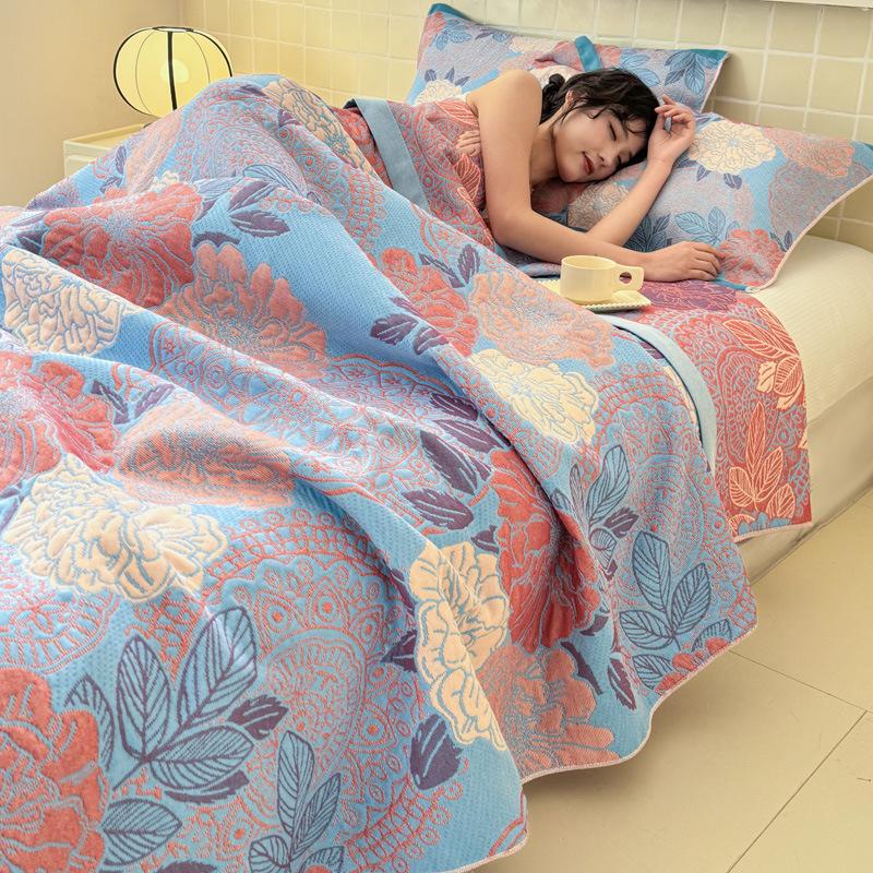 Luxury Long-Staple Cotton Jacquard Woven 3-Layer Gauze Toweling Coverlet - Breathable All-Season Throw Blanket for Home Travel