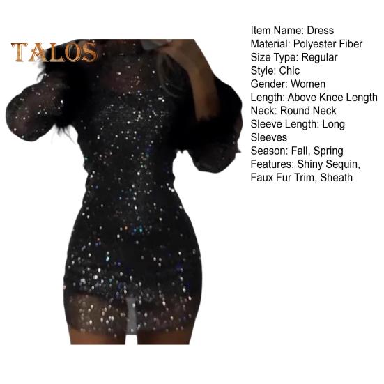 Lady Evening Dress Sequin Fluffy Faux Fur Decor Slim Fit Sheath Mini Dress Long Sleeves Mesh Prom Party Dress