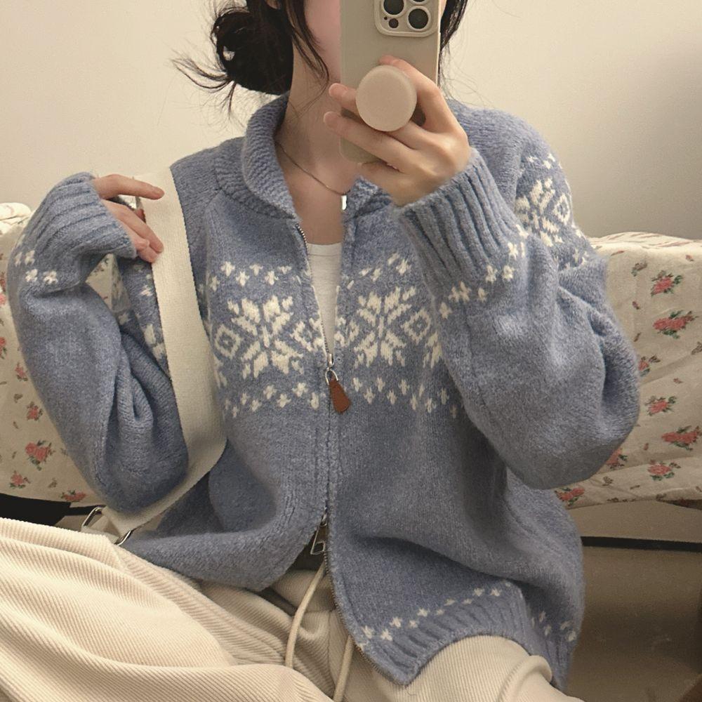 Autumn winter retro contrasting zipper jacquard casual loose long-sleeve knitted sweater jacket women y2k Cardigan sweaters coat