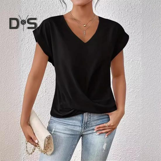 Summer Women Short Sleeve V Neck Shirts Solid Color Casual Breathable Top Versatile Fashion Blouse for Jeans Skirts