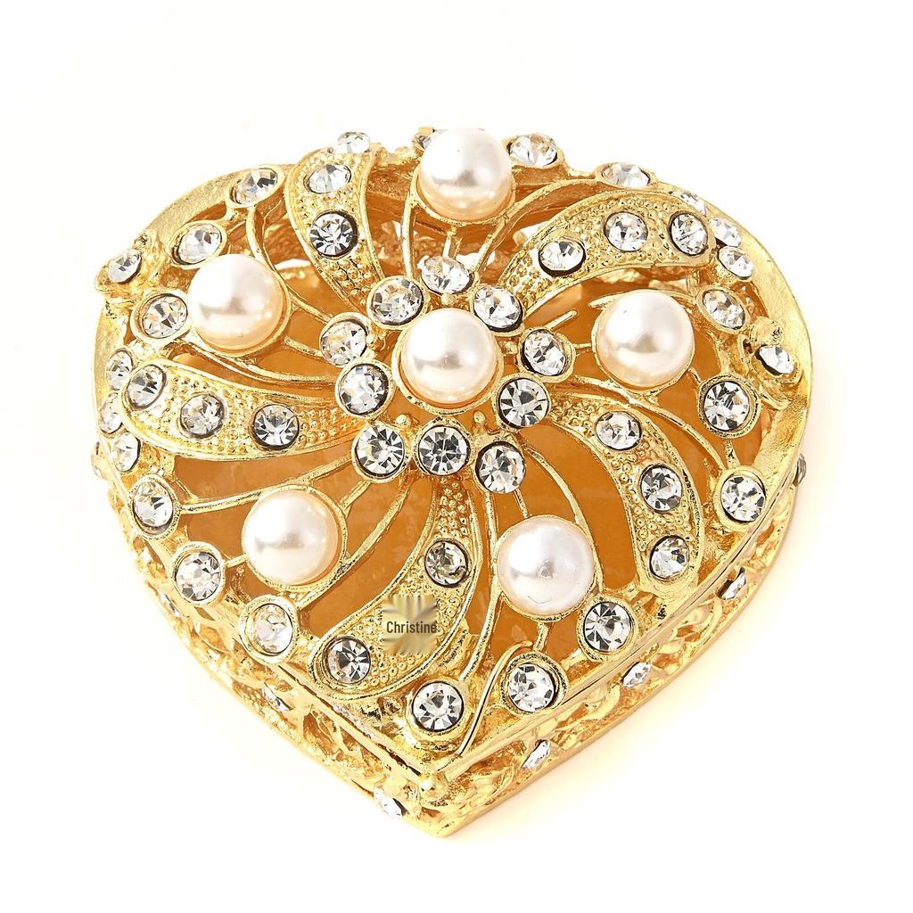 Silver-Plated Heart-Shaped Jewelry Box with Diamonds & Pearls