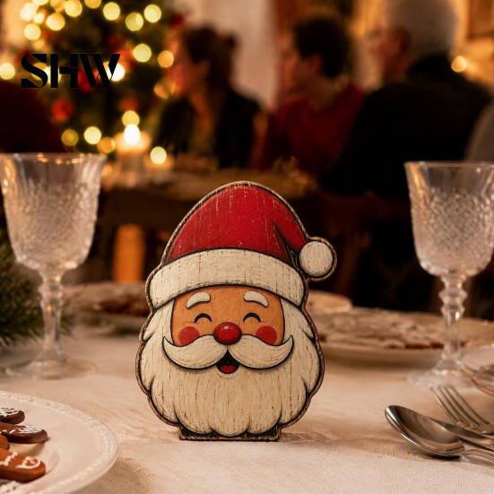 Decorative Shelf Statues Christmas Wooden Table Decorations, Santa Claus Snowman Reindeer Desktop Ornaments, Indoor Holiday Displays Distressed Tiered