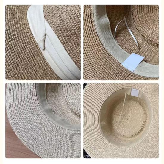 French Style Straw Hat with Large Brim Ribbon Decor Foldable Sun Protection Hat Summer Beach Travel Vacation Hat