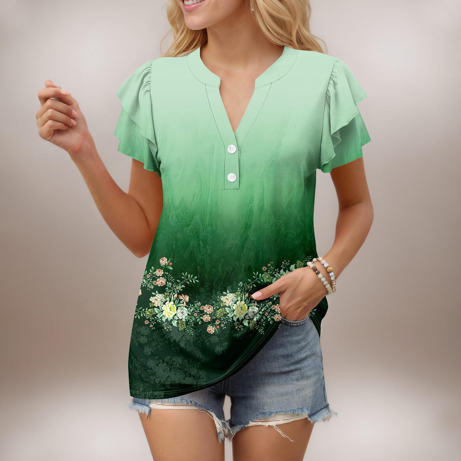 

Женский повседневный топ с короткими рукавами и V-образным вырезом, с оборками и градиентом XXL зелёный