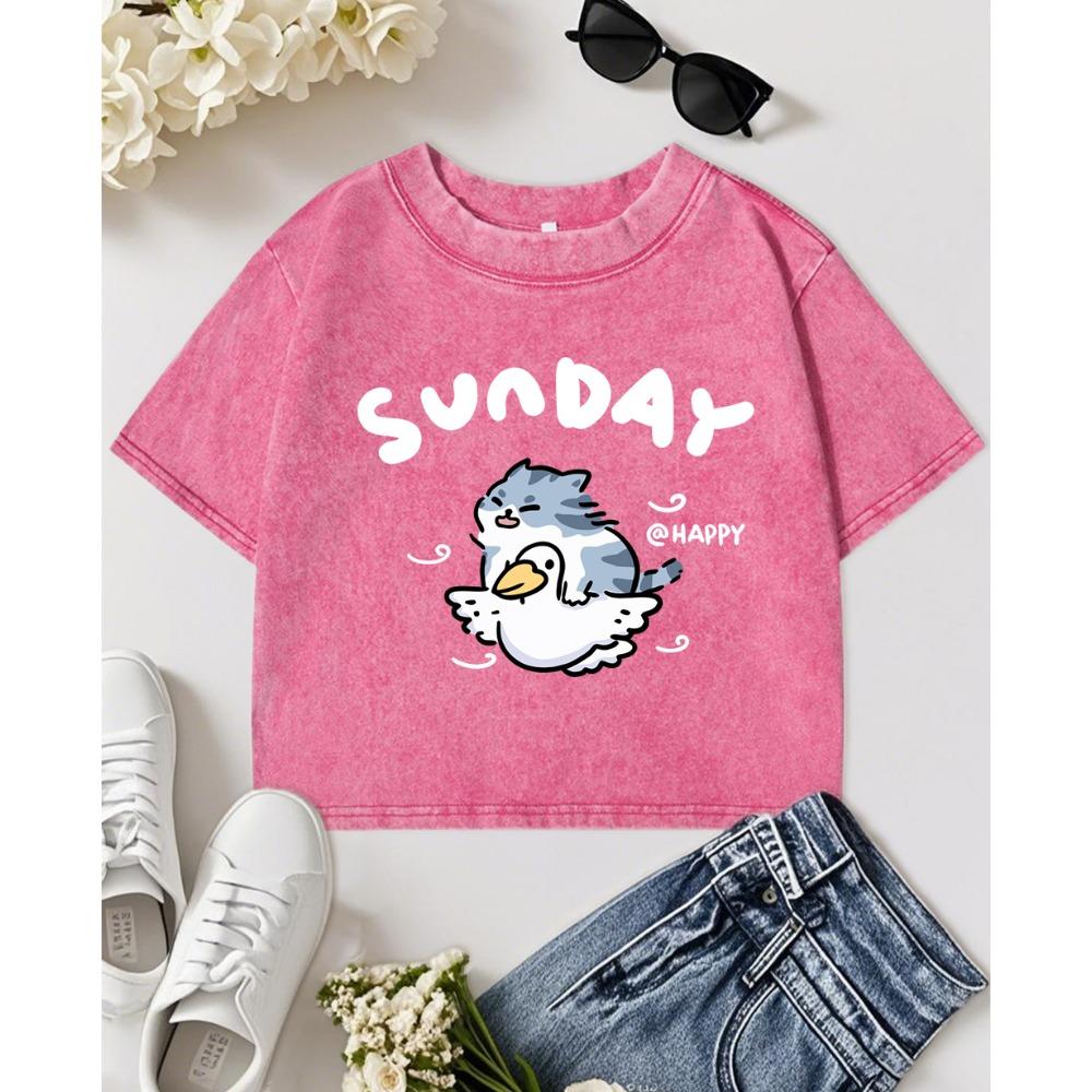 Happy Sunday Cat Duck Printwashed Crop T-Shirt Women O-Neck T Shirts Fashion Cotton Sportswear Casual Slim T Shirt