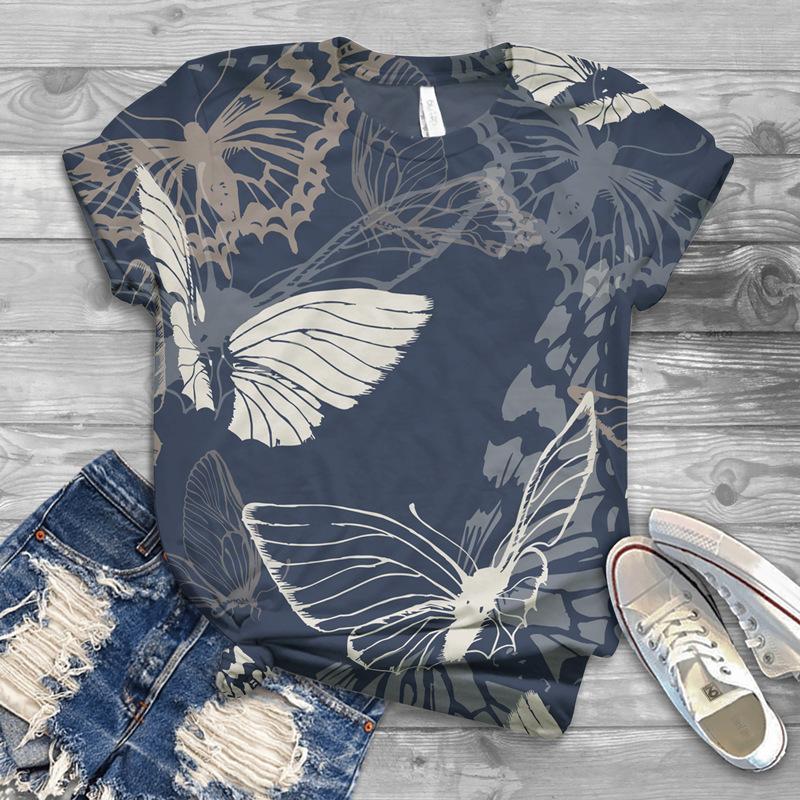 

Модная футболка с принтом бабочек для женщин, облегающий топ с короткими рукавами, футболка с круглым вырезом XL