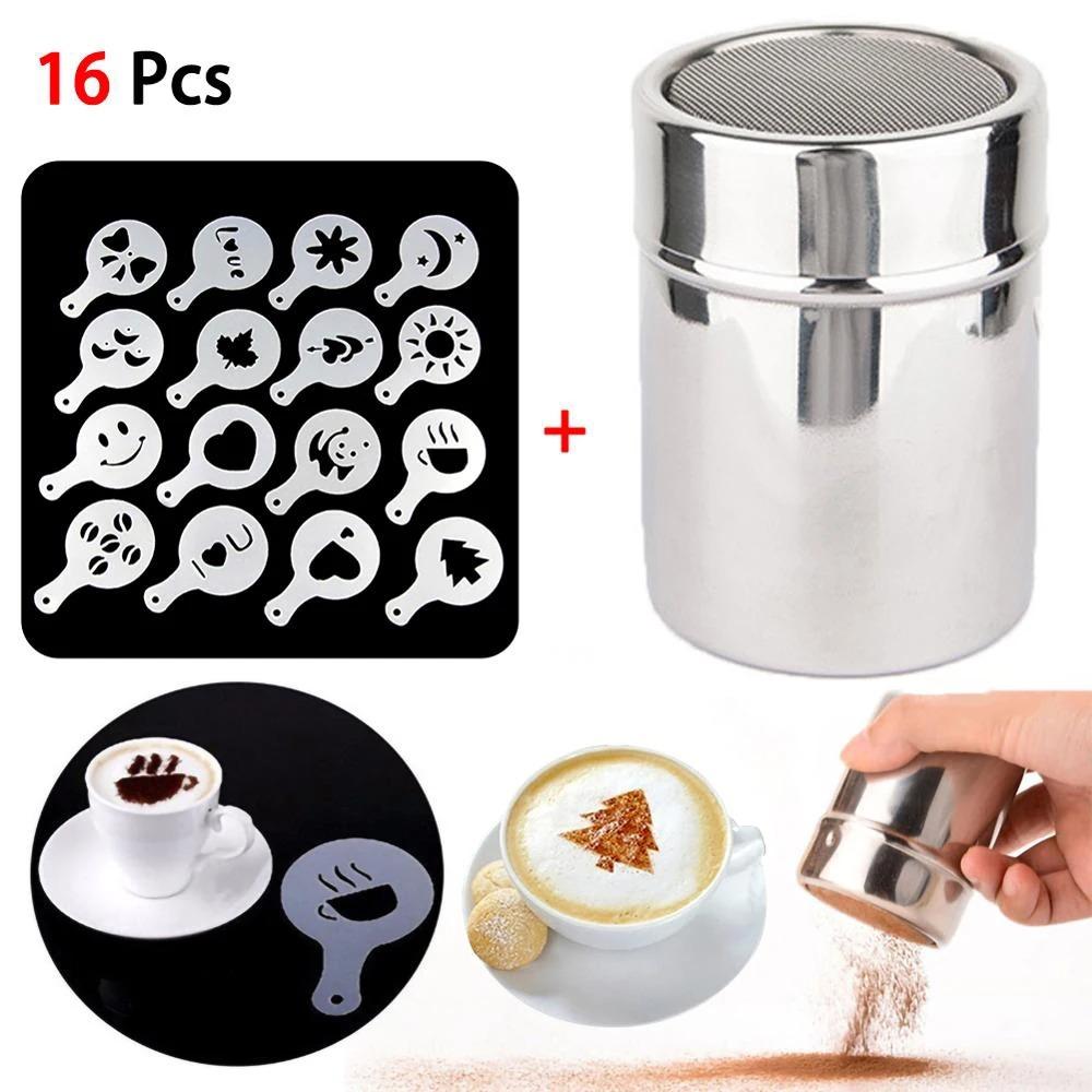 Stainless Steel Chocolate Shaker Cocoa Flour Coffee Sifter 16Pcs Coffee Stencils Template Strew Pad Duster Spray Tools