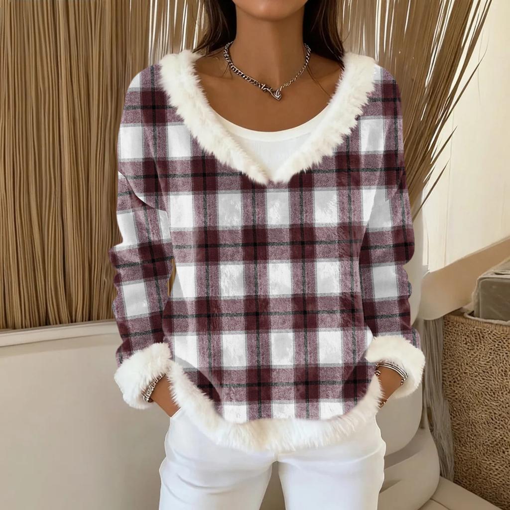 Dammode Plysch V-ringad Pullover Topp Långärmad T-shirt Tryckt Sweatshirt