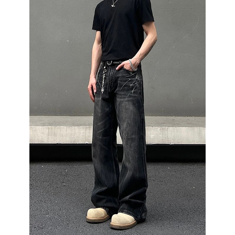 Blaexit American High Street Cleanfit Washed Black Lightning Pattern Flared Jeans Men's Vibe Pants