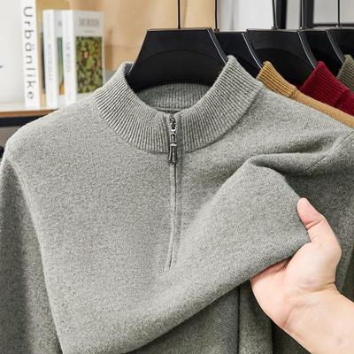 Men's Wool Zipper Sweater, Half-High Collar, Solid Color, Thickened Knitwear for Autumn and Winter