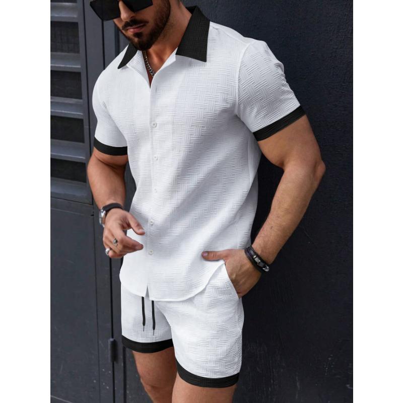 Set da Spiaggia Due Pezzi da Uomo Casual a Blocchi di Colore con Maniche Corte e Pantaloncini