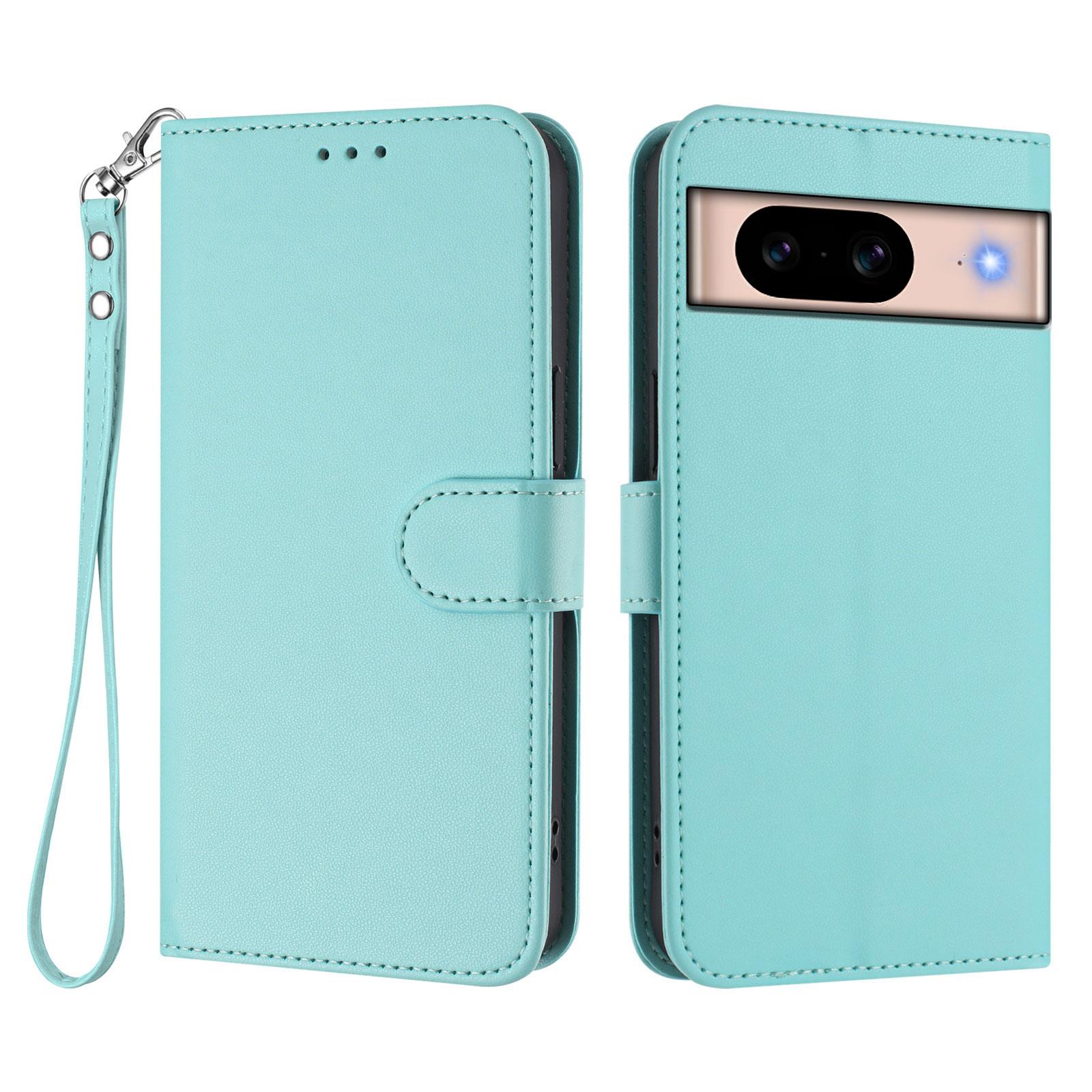 

For Google Pixel 8a Leather Case Wallet Stand Phone Cover with Wrist Strap Mint Green